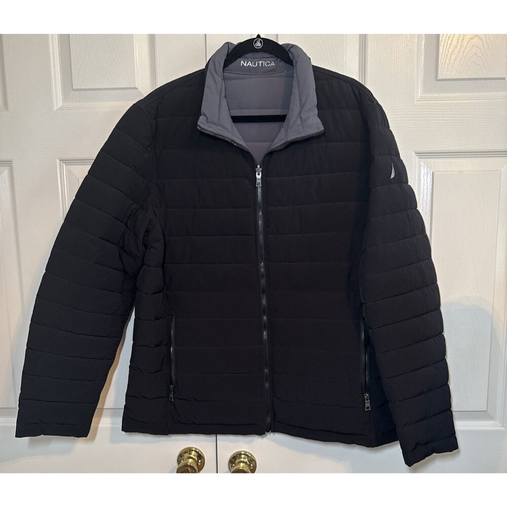 Nautica Mens Reversible Puffer Jacket Quilted Performance Gray / Black Sz XL